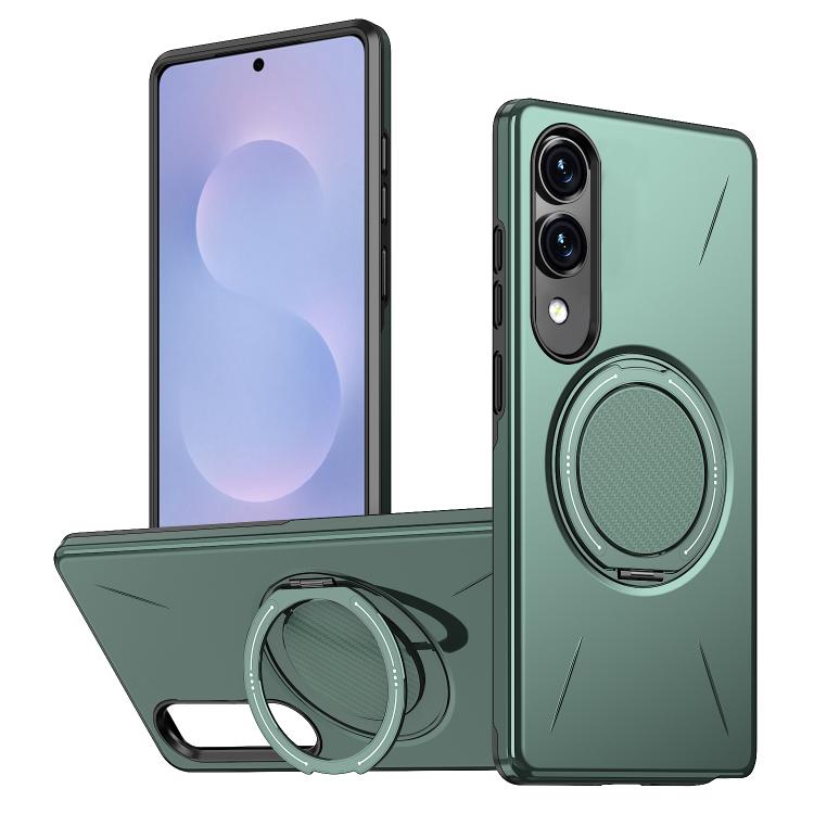 

For Samsung Galaxy S25 Edge 5G Metal Rotation Holder MagSafe TPU Hybrid PC Phone Case(Grey Green)