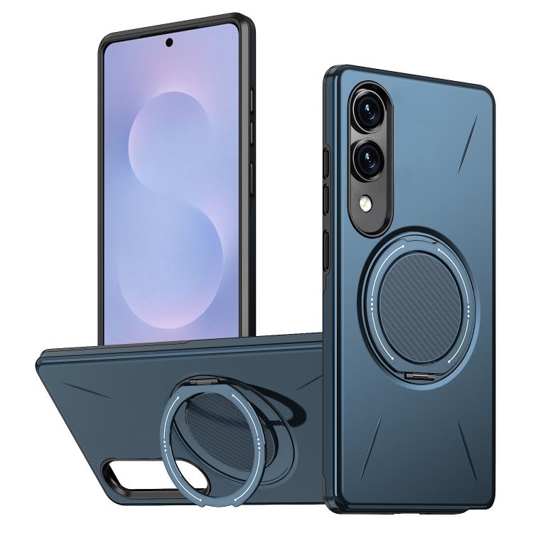 

For Samsung Galaxy S25 Edge 5G Metal Rotation Holder MagSafe TPU Hybrid PC Phone Case(Navy Blue)