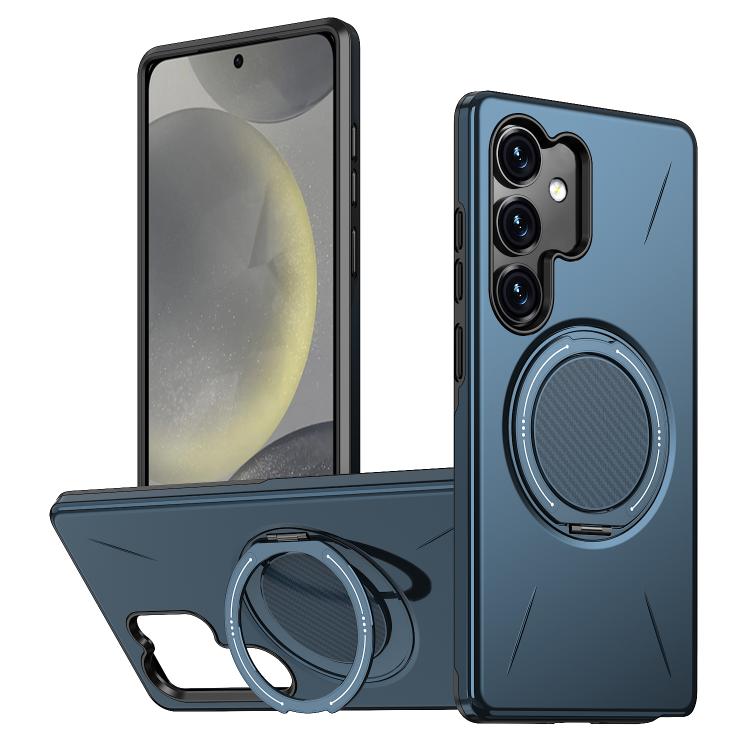 

For Samsung Galaxy S24 5G Metal Rotation Holder MagSafe TPU Hybrid PC Phone Case(Navy Blue)