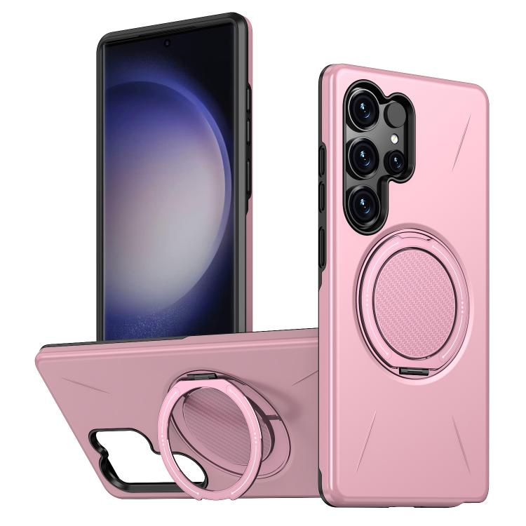 

For Samsung Galaxy S23 Ultra 5G Metal Rotation Holder MagSafe TPU Hybrid PC Phone Case(Pink)