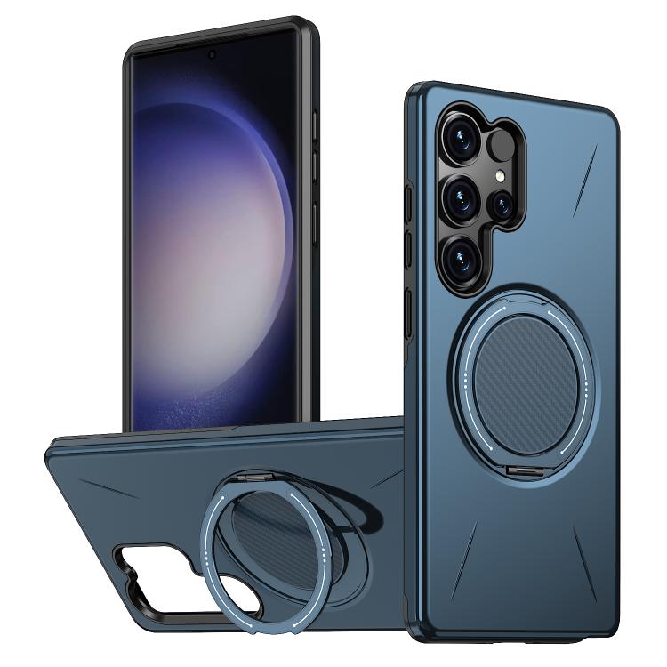 

For Samsung Galaxy S23 Ultra 5G Metal Rotation Holder MagSafe TPU Hybrid PC Phone Case(Navy Blue)