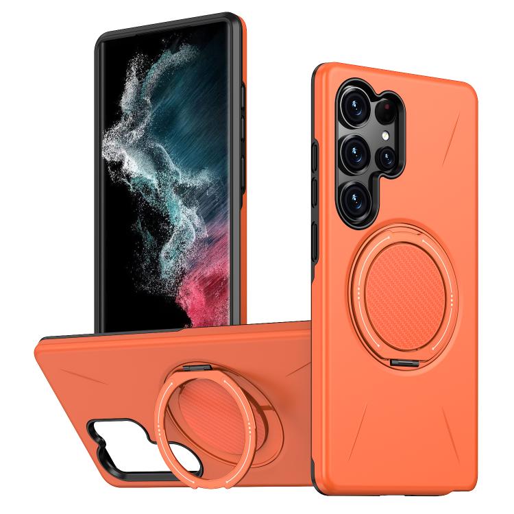 

For Samsung Galaxy S22 Ultra 5G Metal Rotation Holder MagSafe TPU Hybrid PC Phone Case(Orange)