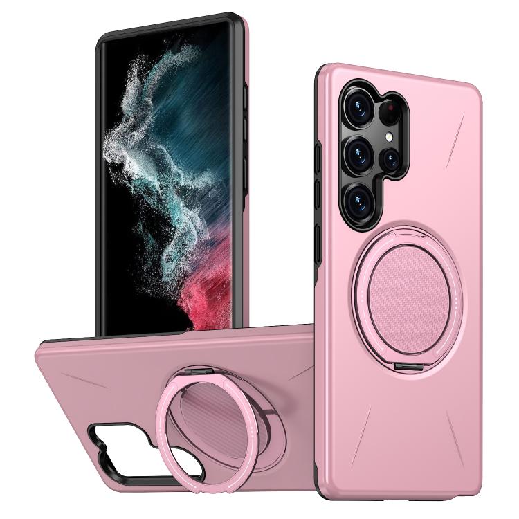 

For Samsung Galaxy S22 Ultra 5G Metal Rotation Holder MagSafe TPU Hybrid PC Phone Case(Pink)