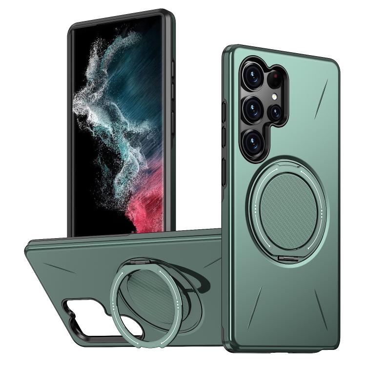 

For Samsung Galaxy S22 Ultra 5G Metal Rotation Holder MagSafe TPU Hybrid PC Phone Case(Grey Green)