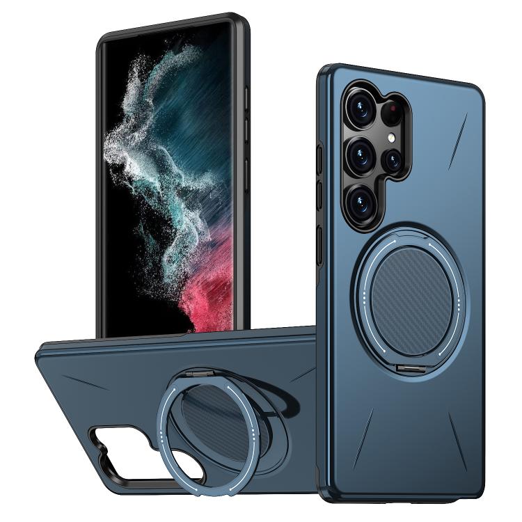

For Samsung Galaxy S22 Ultra 5G Metal Rotation Holder MagSafe TPU Hybrid PC Phone Case(Navy Blue)