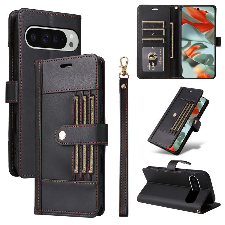 

For Google Pixel 9 Pro XL / 10 Pro XL Six Card Slots Buckle Leather Phone Case with Lanyard(Black)
