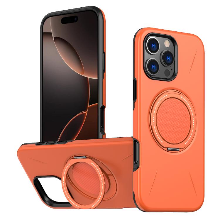 

For iPhone 16 Pro Max Metal Rotation Holder MagSafe TPU Hybrid PC Phone Case(Orange)