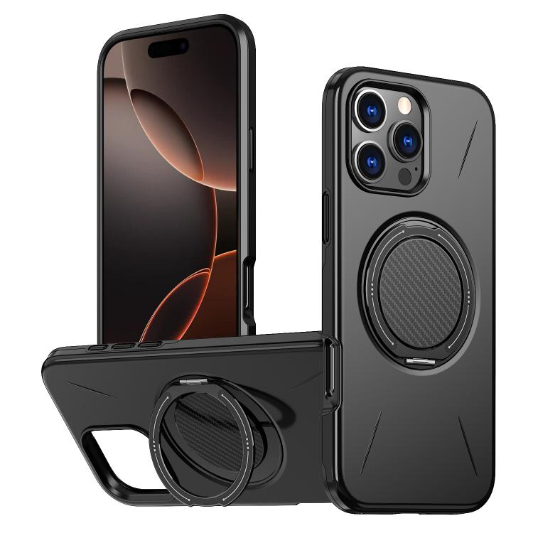 

For iPhone 16 Pro Max Metal Rotation Holder MagSafe TPU Hybrid PC Phone Case(Black)