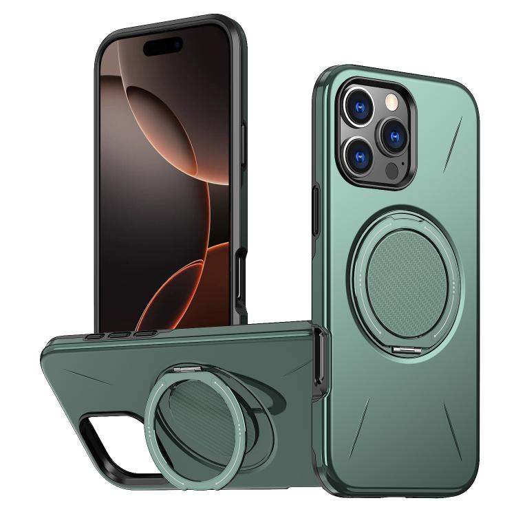 

For iPhone 16 Pro Max Metal Rotation Holder MagSafe TPU Hybrid PC Phone Case(Grey Green)
