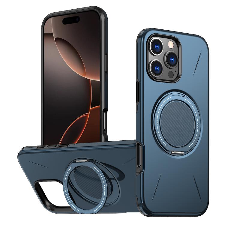 

For iPhone 16 Pro Max Metal Rotation Holder MagSafe TPU Hybrid PC Phone Case(Navy Blue)