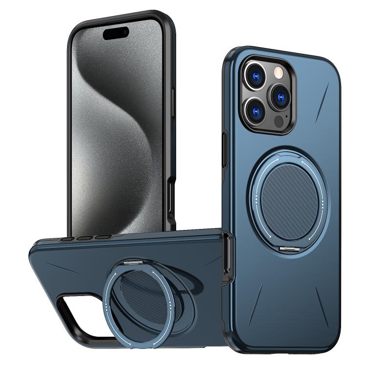 

For iPhone 16 Pro Metal Rotation Holder MagSafe TPU Hybrid PC Phone Case(Navy Blue)