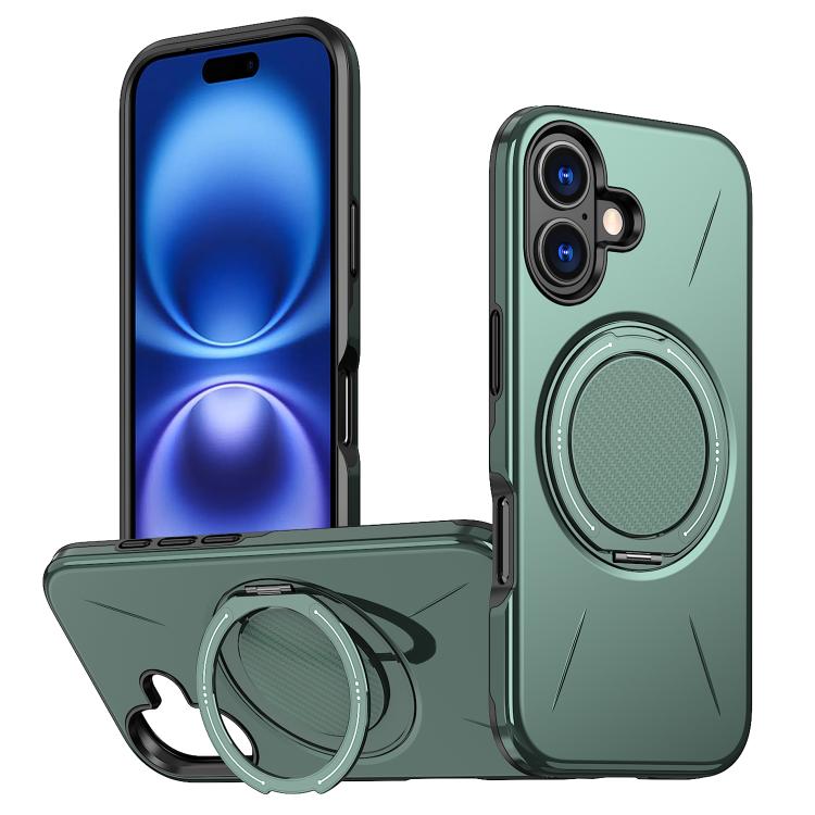 

For iPhone 16 Plus Metal Rotation Holder MagSafe TPU Hybrid PC Phone Case(Grey Green)