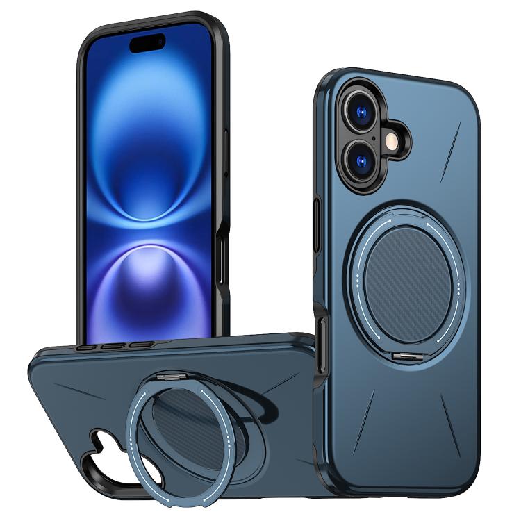 

For iPhone 16 Plus Metal Rotation Holder MagSafe TPU Hybrid PC Phone Case(Navy Blue)