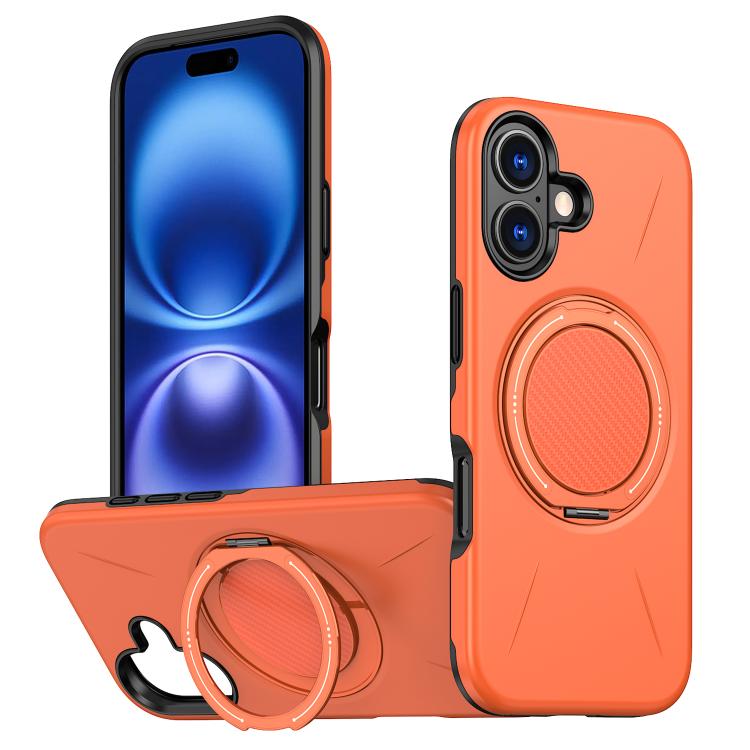 

For iPhone 16 Metal Rotation Holder MagSafe TPU Hybrid PC Phone Case(Orange)
