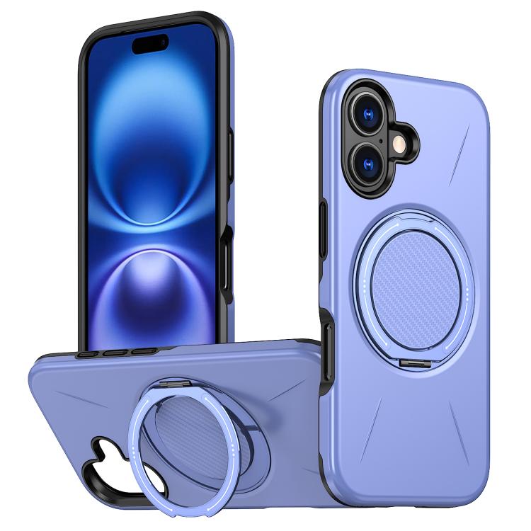 

For iPhone 16 Metal Rotation Holder MagSafe TPU Hybrid PC Phone Case(Purple)