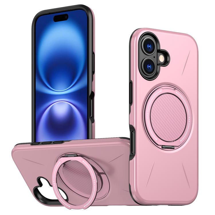 

For iPhone 16 Metal Rotation Holder MagSafe TPU Hybrid PC Phone Case(Pink)