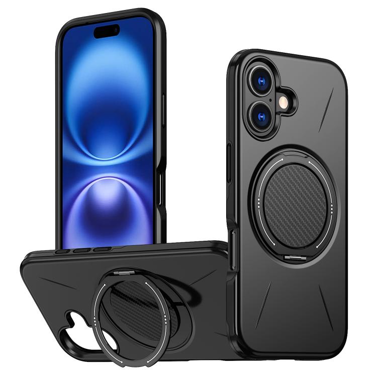 

For iPhone 16 Metal Rotation Holder MagSafe TPU Hybrid PC Phone Case(Black)