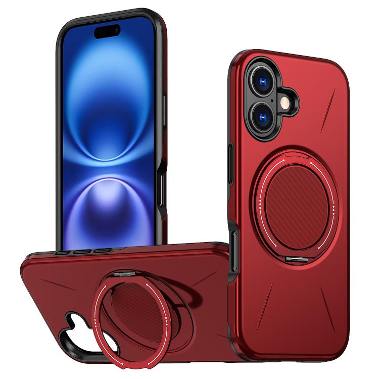 

For iPhone 16 Metal Rotation Holder MagSafe TPU Hybrid PC Phone Case(Red)