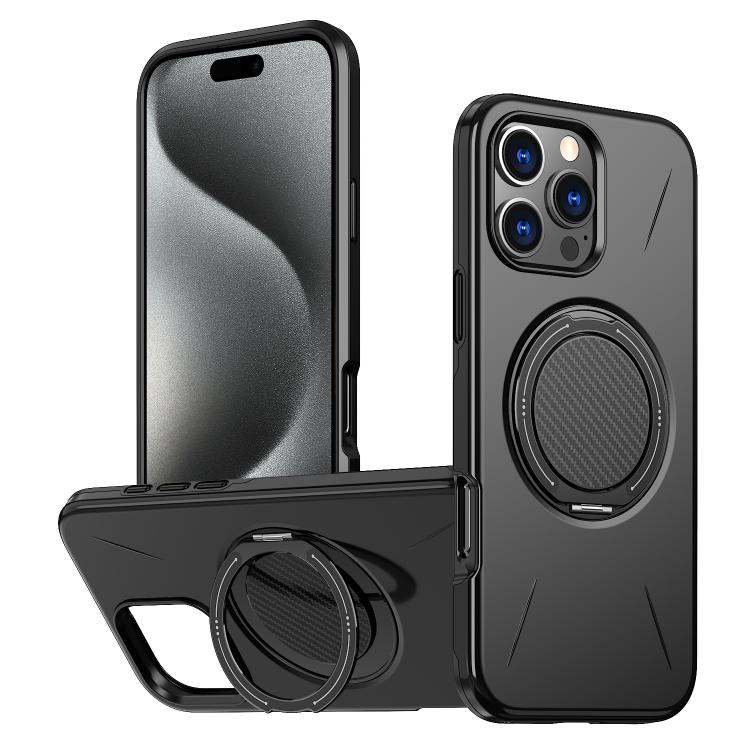 

For iPhone 15 Pro Max Metal Rotation Holder MagSafe TPU Hybrid PC Phone Case(Black)