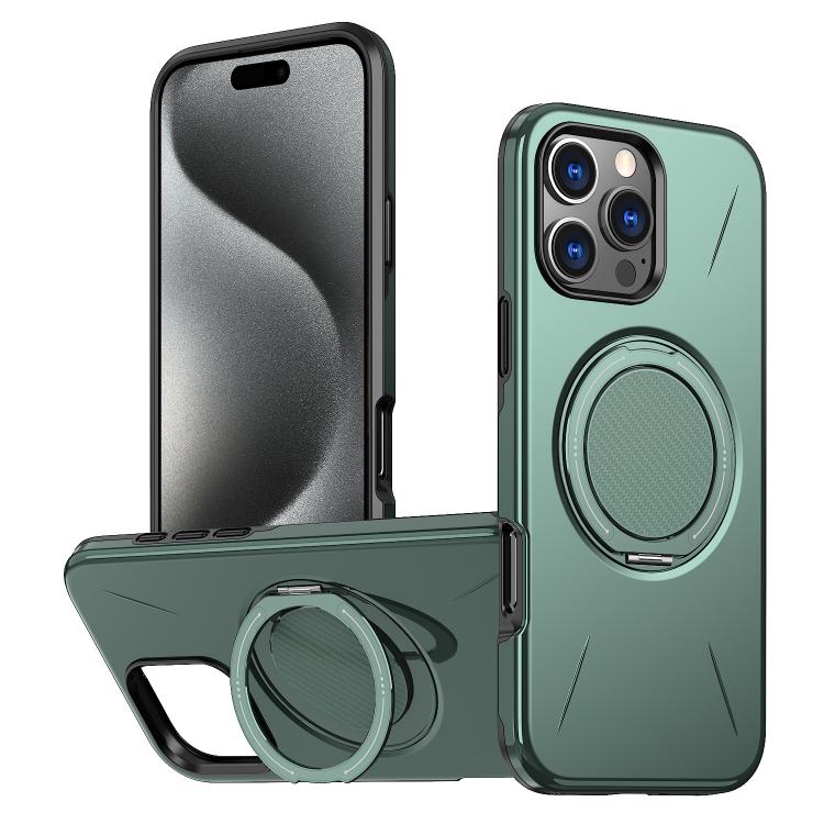 

For iPhone 15 Pro Max Metal Rotation Holder MagSafe TPU Hybrid PC Phone Case(Grey Green)