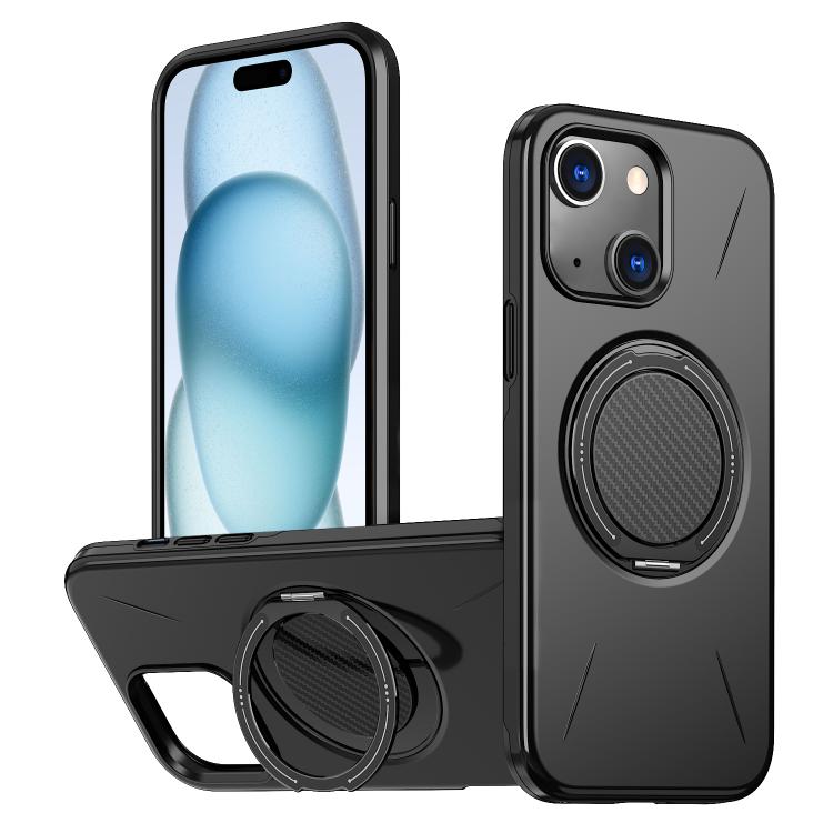 

For iPhone 15 Plus Metal Rotation Holder MagSafe TPU Hybrid PC Phone Case(Black)