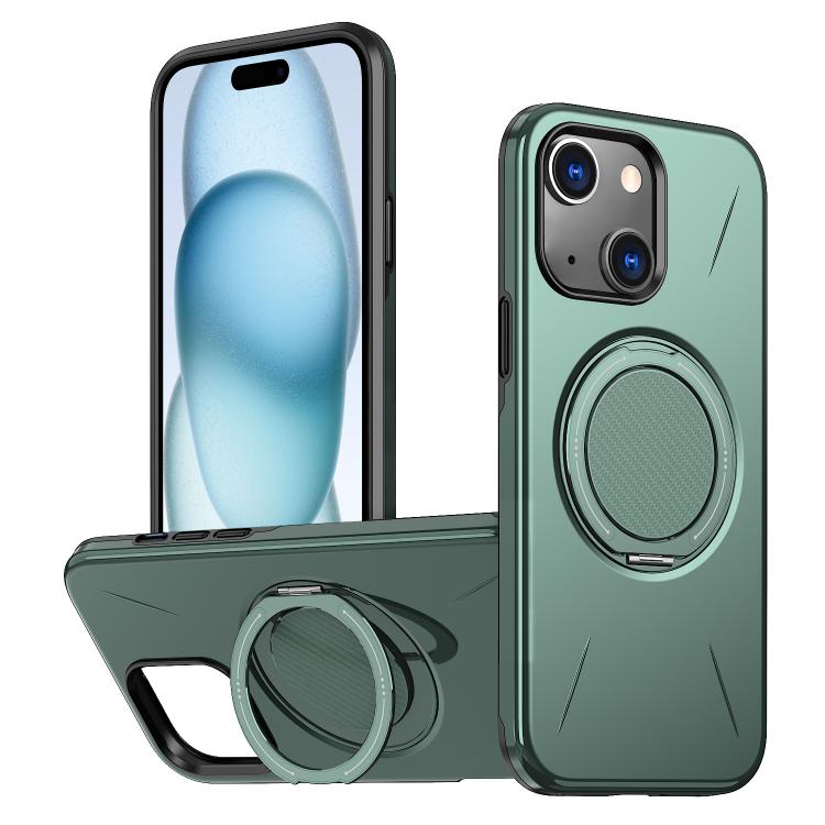 

For iPhone 15 Metal Rotation Holder MagSafe TPU Hybrid PC Phone Case(Grey Green)