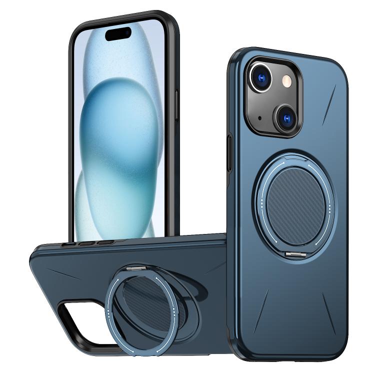 

For iPhone 15 Metal Rotation Holder MagSafe TPU Hybrid PC Phone Case(Navy Blue)