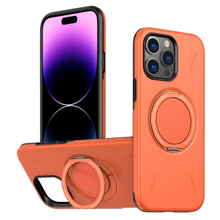

For iPhone 14 Pro Max Metal Rotation Holder MagSafe TPU Hybrid PC Phone Case(Orange)