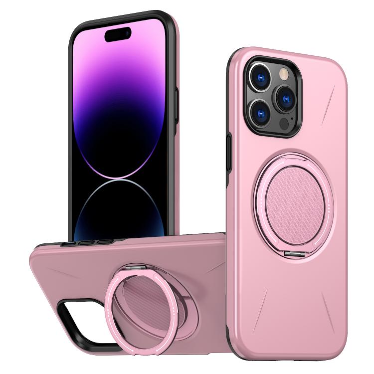 

For iPhone 14 Pro Metal Rotation Holder MagSafe TPU Hybrid PC Phone Case(Pink)