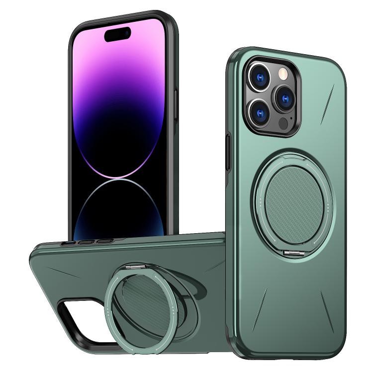 

For iPhone 14 Pro Metal Rotation Holder MagSafe TPU Hybrid PC Phone Case(Grey Green)