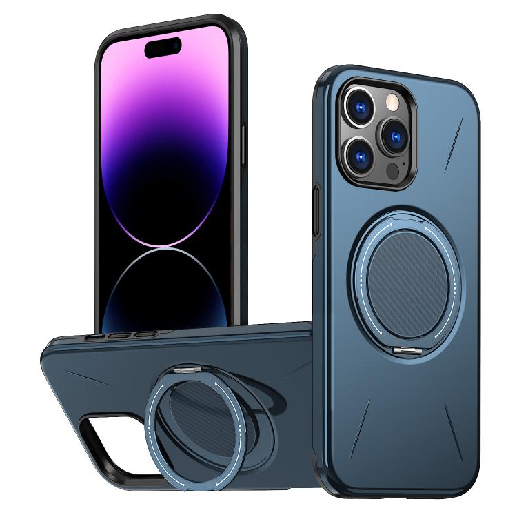 

For iPhone 14 Pro Metal Rotation Holder MagSafe TPU Hybrid PC Phone Case(Navy Blue)