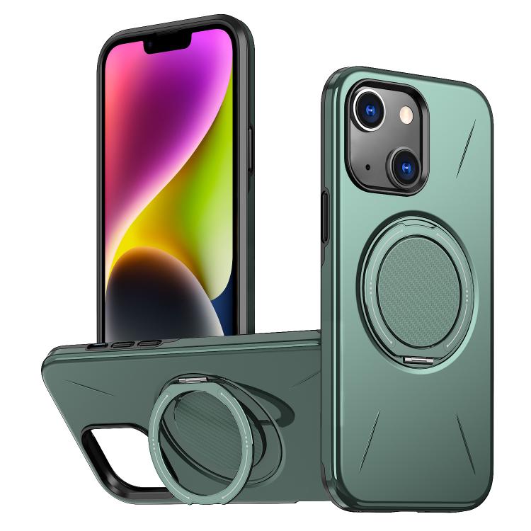 

For iPhone 14 Plus Metal Rotation Holder MagSafe TPU Hybrid PC Phone Case(Grey Green)