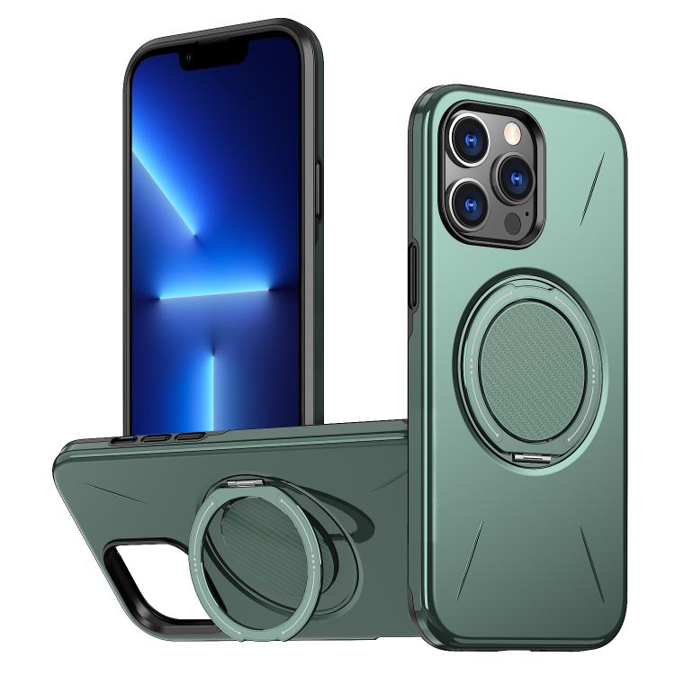 

For iPhone 13 Pro Max Metal Rotation Holder MagSafe TPU Hybrid PC Phone Case(Grey Green)