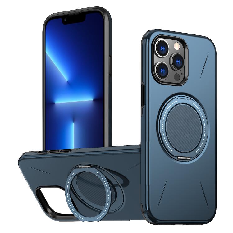 

For iPhone 13 Pro Max Metal Rotation Holder MagSafe TPU Hybrid PC Phone Case(Navy Blue)
