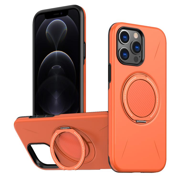 

For iPhone 12 Pro Max Metal Rotation Holder MagSafe TPU Hybrid PC Phone Case(Orange)