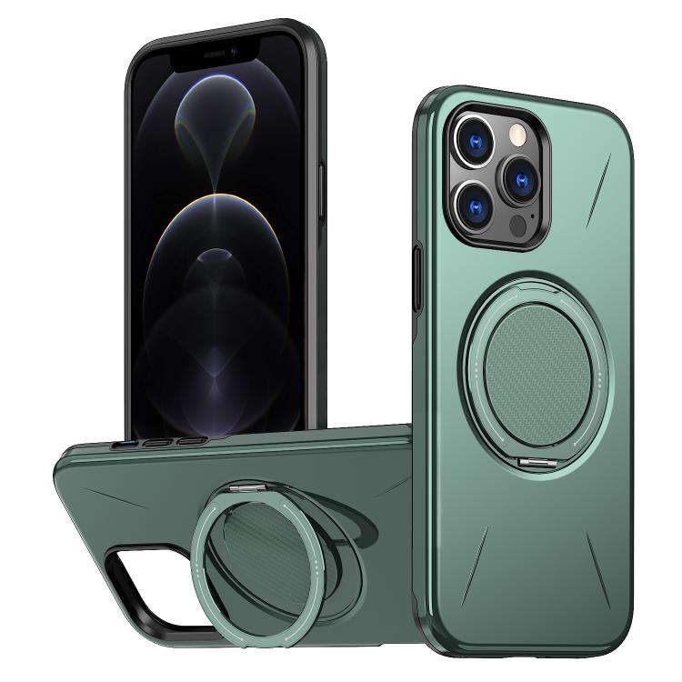 

For iPhone 12 Pro Max Metal Rotation Holder MagSafe TPU Hybrid PC Phone Case(Grey Green)