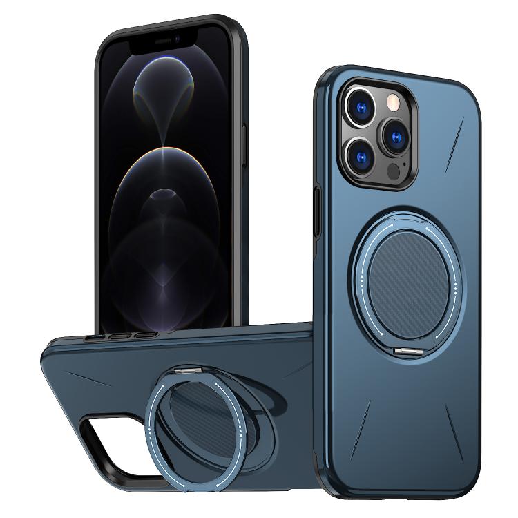 

For iPhone 12 Pro Max Metal Rotation Holder MagSafe TPU Hybrid PC Phone Case(Navy Blue)