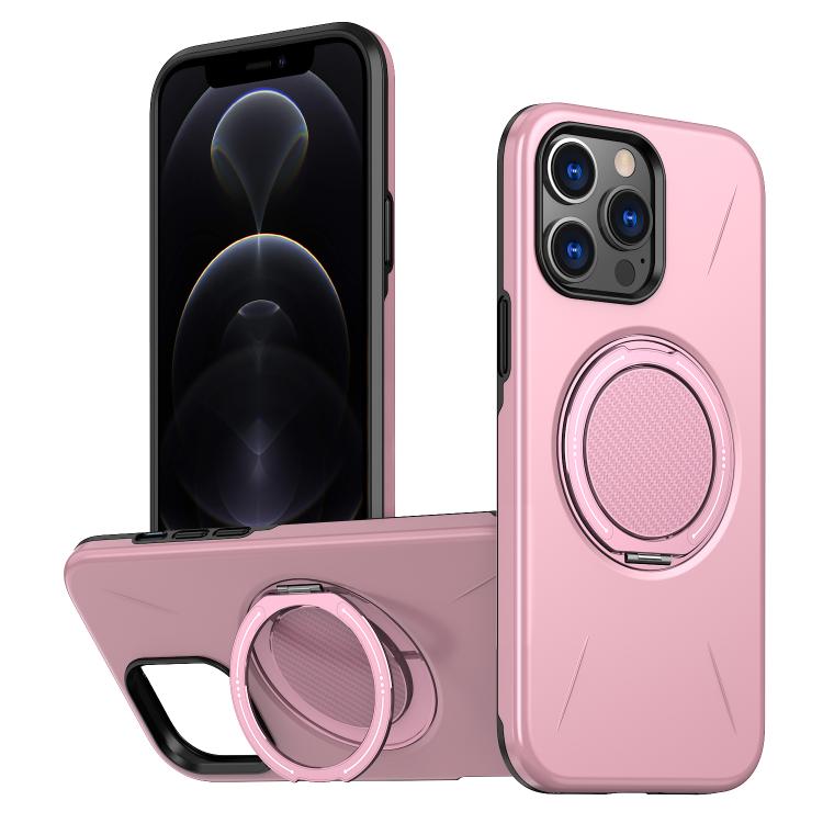 

For iPhone 12 Pro Metal Rotation Holder MagSafe TPU Hybrid PC Phone Case(Pink)