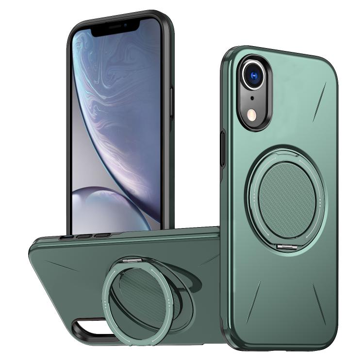 

For iPhone XR Metal Rotation Holder MagSafe TPU Hybrid PC Phone Case(Grey Green)