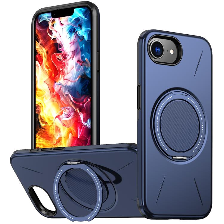 

For iPhone 16e Metal Rotation Holder MagSafe TPU Hybrid PC Phone Case(Navy Blue)