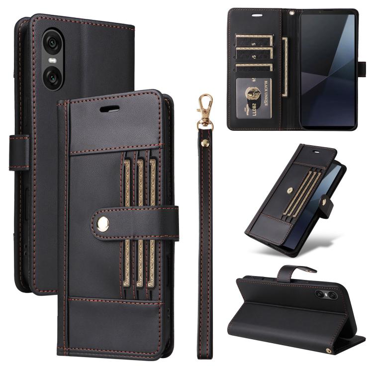 

For Sony Xperia 10 VI Six Card Slots Buckle Leather Phone Case with Lanyard(Black)