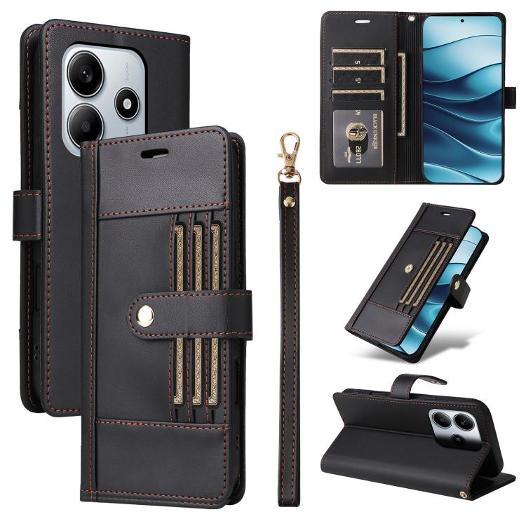 

For Redmi Note 14 4G 164.84mm Six Card Slots Buckle Leather Phone Case with Lanyard(Black)