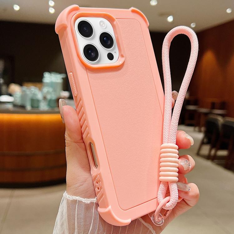 

For iPhone 16 Pro Max Solid Color TPU Hybrid PC Shockproof Phone Case with Wrist Strap(Pink)