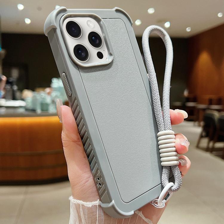 

For iPhone 15 Pro Solid Color TPU Hybrid PC Shockproof Phone Case with Wrist Strap(Grey)