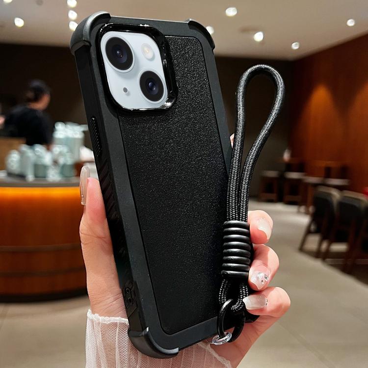 

For iPhone 15 Solid Color TPU Hybrid PC Shockproof Phone Case with Wrist Strap(Black)