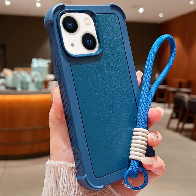 

For iPhone 14 Solid Color TPU Hybrid PC Shockproof Phone Case with Wrist Strap(Blue)