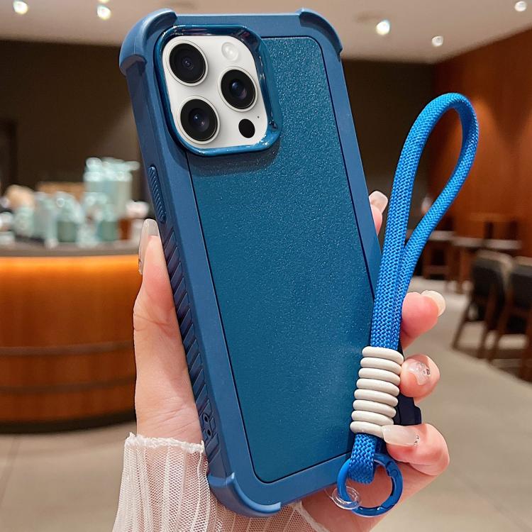

For iPhone 14 Pro Solid Color TPU Hybrid PC Shockproof Phone Case with Wrist Strap(Blue)
