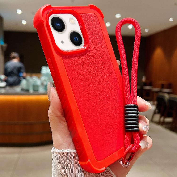 

For iPhone 13 Solid Color TPU Hybrid PC Shockproof Phone Case with Wrist Strap(Red)