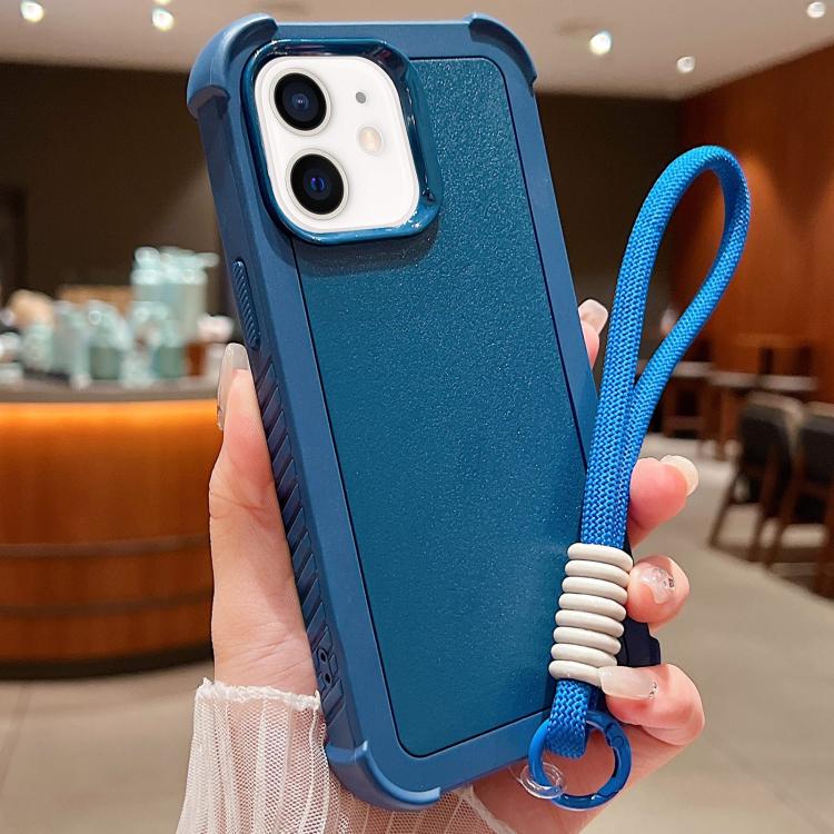 

For iPhone 12 / 12 Pro Solid Color TPU Hybrid PC Shockproof Phone Case with Wrist Strap(Blue)
