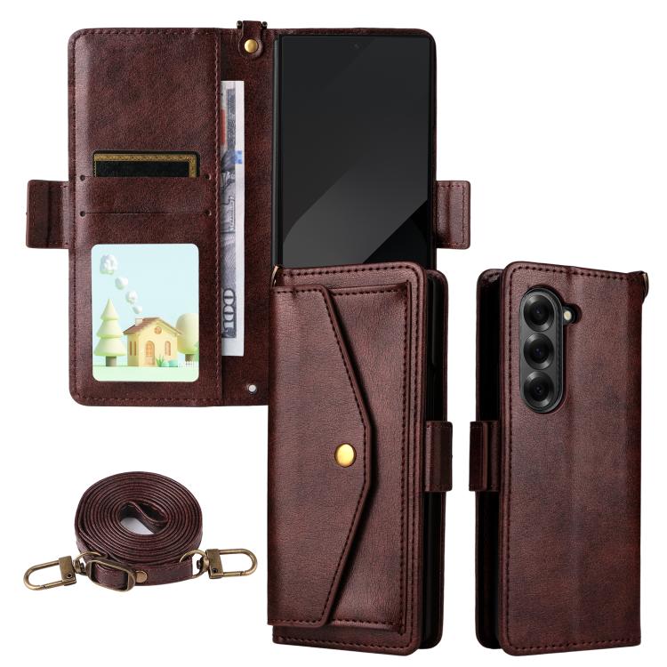 

For Samsung Galaxy Z Fold7 5G Multi-card Slots Crossbody Cowhide Leather Phone Case(Brown)